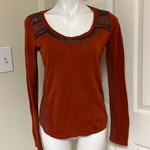 Miss Me Beaded Long Sleeve Shirt with Lace Back Scoop Neck Medium slim fit